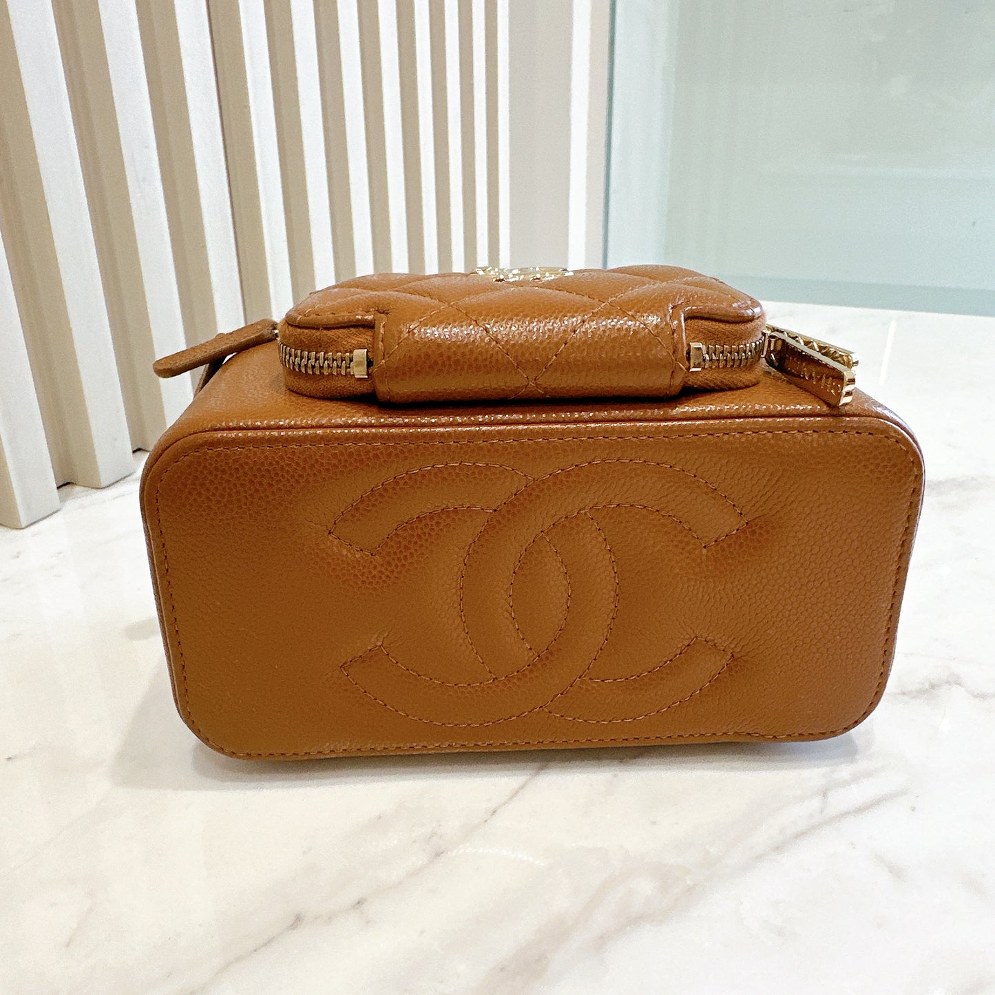 Chanel Caviar Quilted Top Handle Pocket Vanity Case Camel
