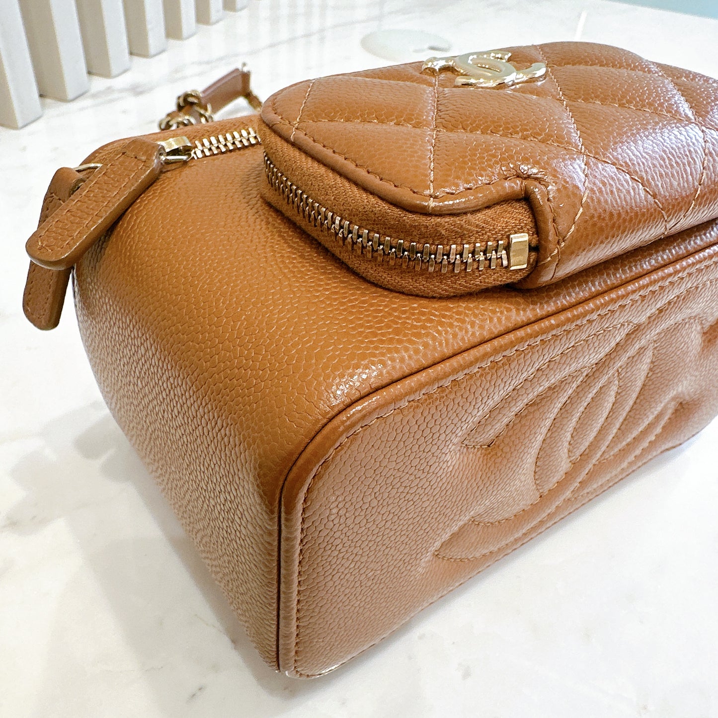 Chanel Caviar Quilted Top Handle Pocket Vanity Case Camel