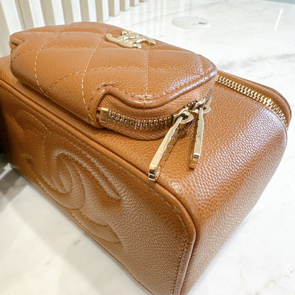 Chanel Caviar Quilted Top Handle Pocket Vanity Case Camel