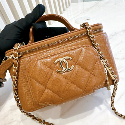 Chanel Caviar Quilted Top Handle Pocket Vanity Case Camel
