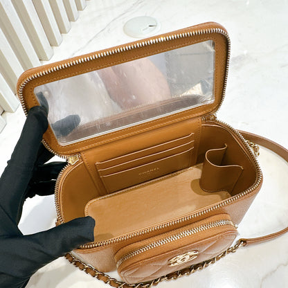 Chanel Caviar Quilted Top Handle Pocket Vanity Case Camel