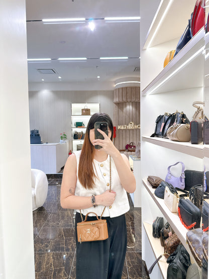 Chanel Caviar Quilted Top Handle Pocket Vanity Case Camel
