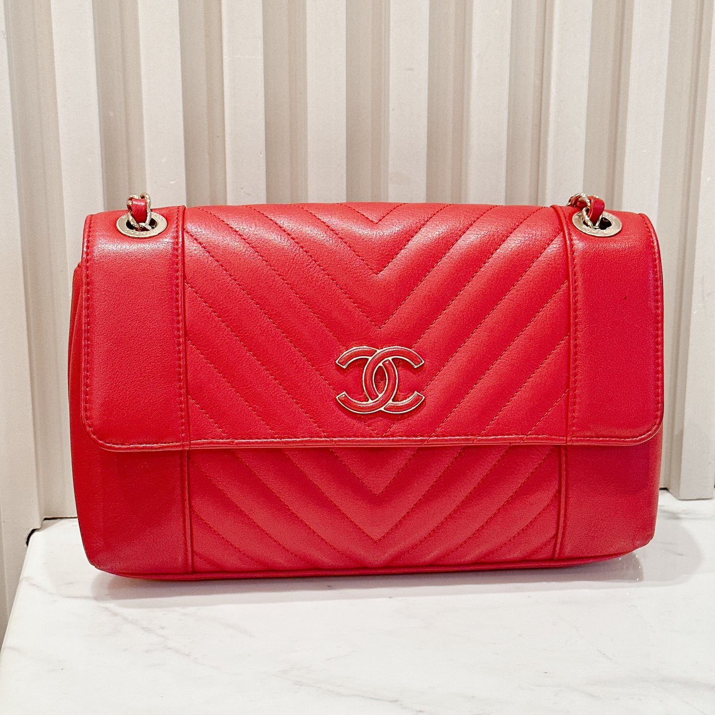Chanel Red Chevron Leather Flap Handbag