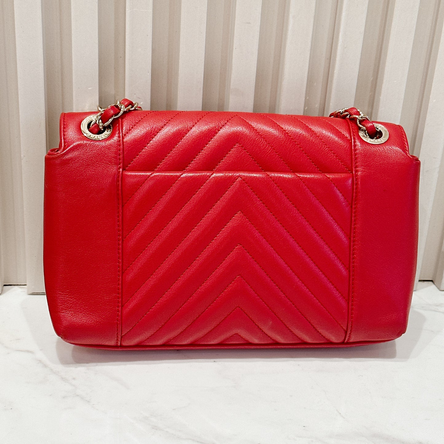 Chanel Red Chevron Leather Flap Handbag