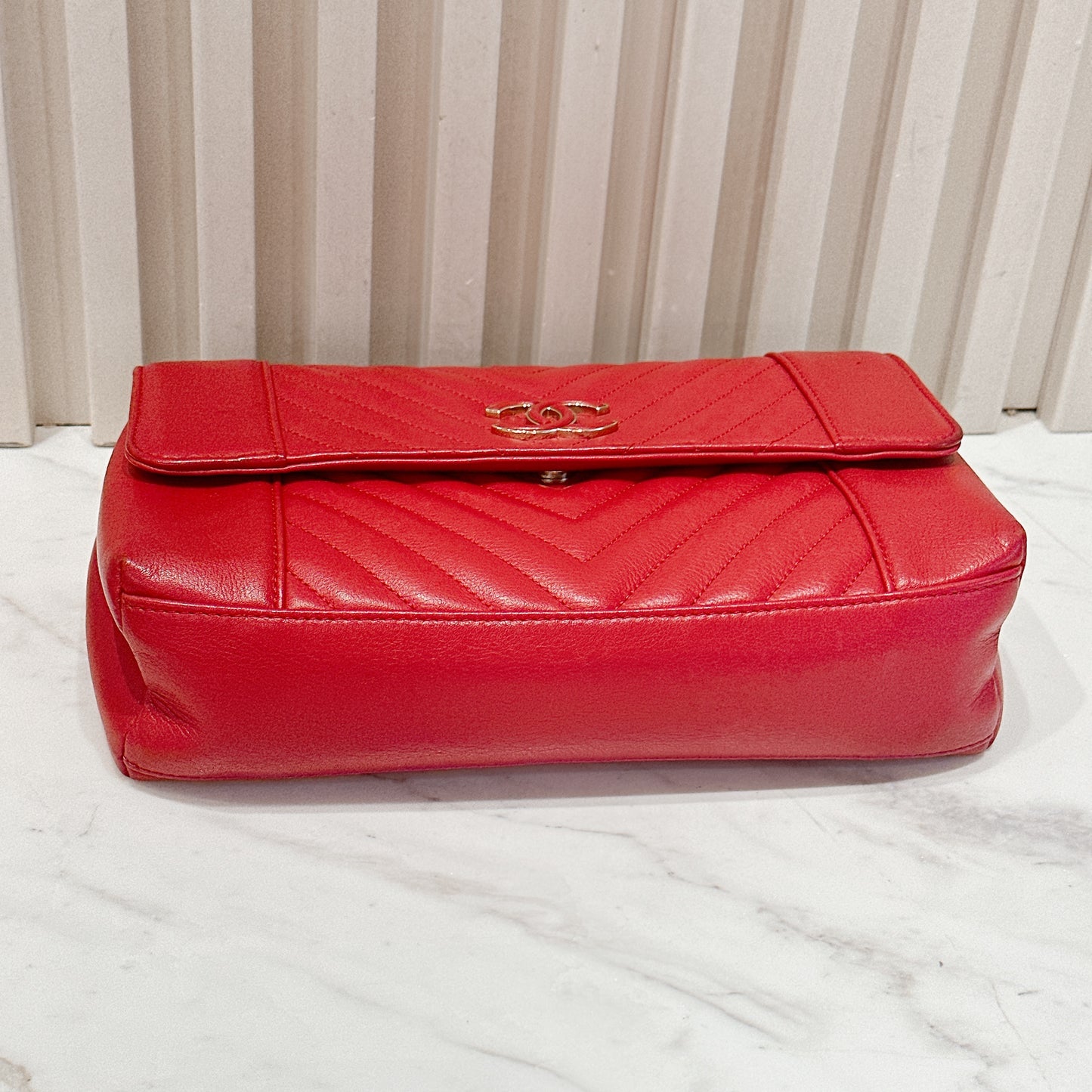 Chanel Red Chevron Leather Flap Handbag