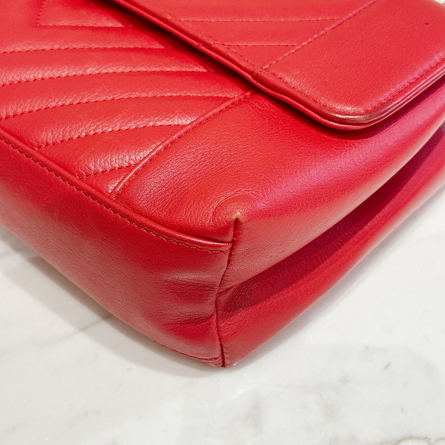 Chanel Red Chevron Leather Flap Handbag