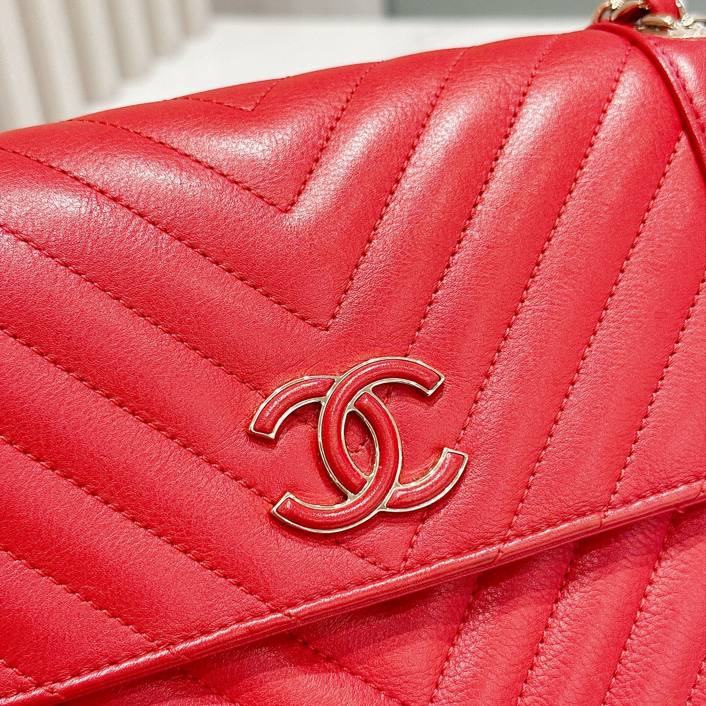 Chanel Red Chevron Leather Flap Handbag