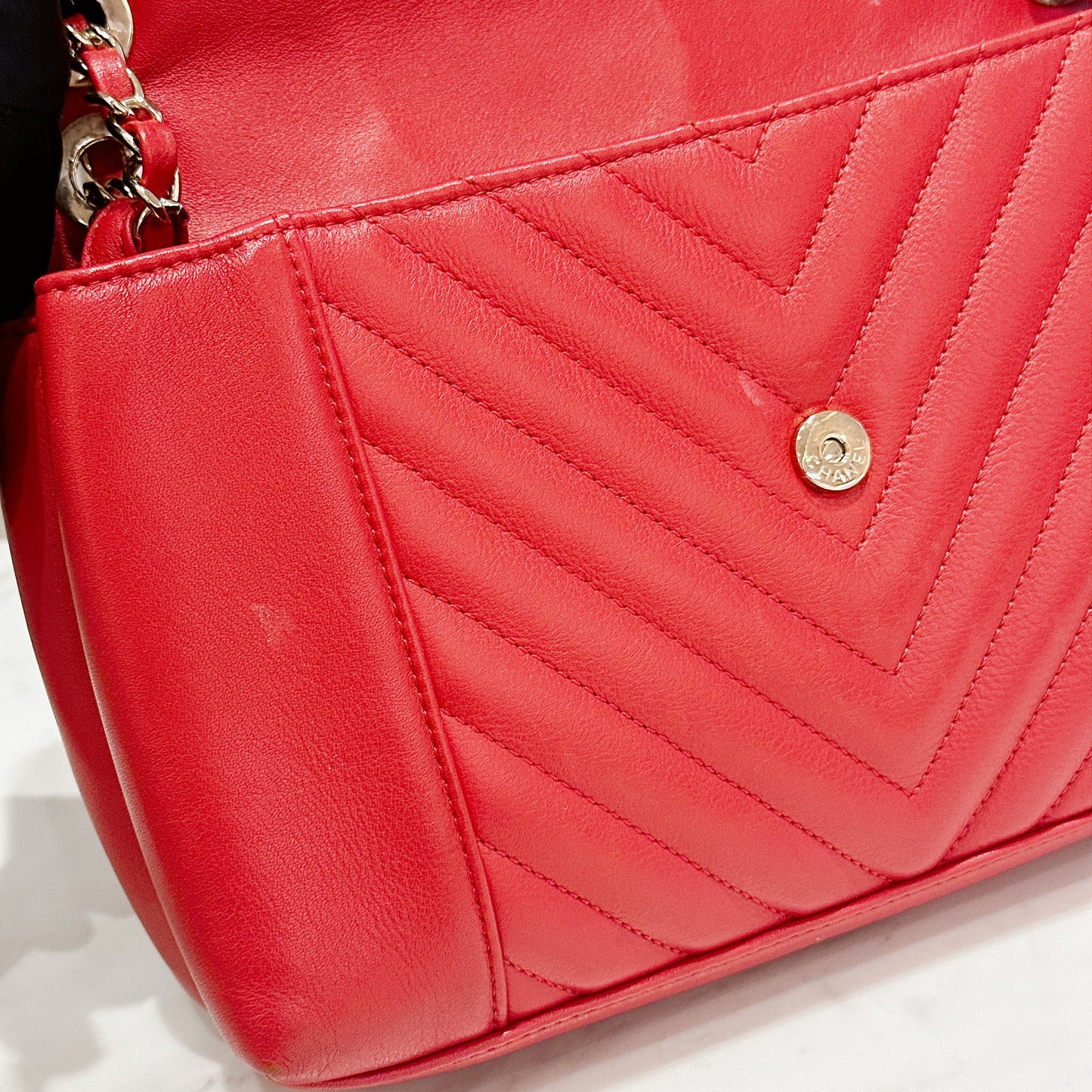 Chanel Red Chevron Leather Flap Handbag