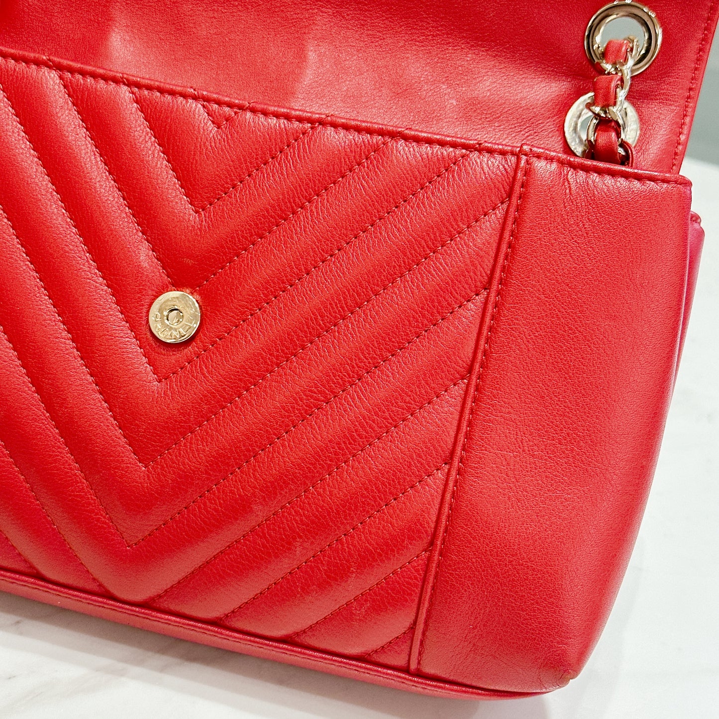 Chanel Red Chevron Leather Flap Handbag