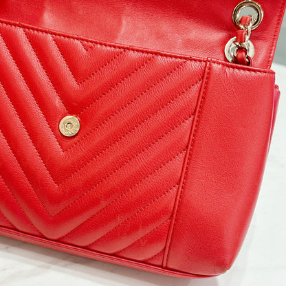 Chanel Red Chevron Leather Flap Handbag