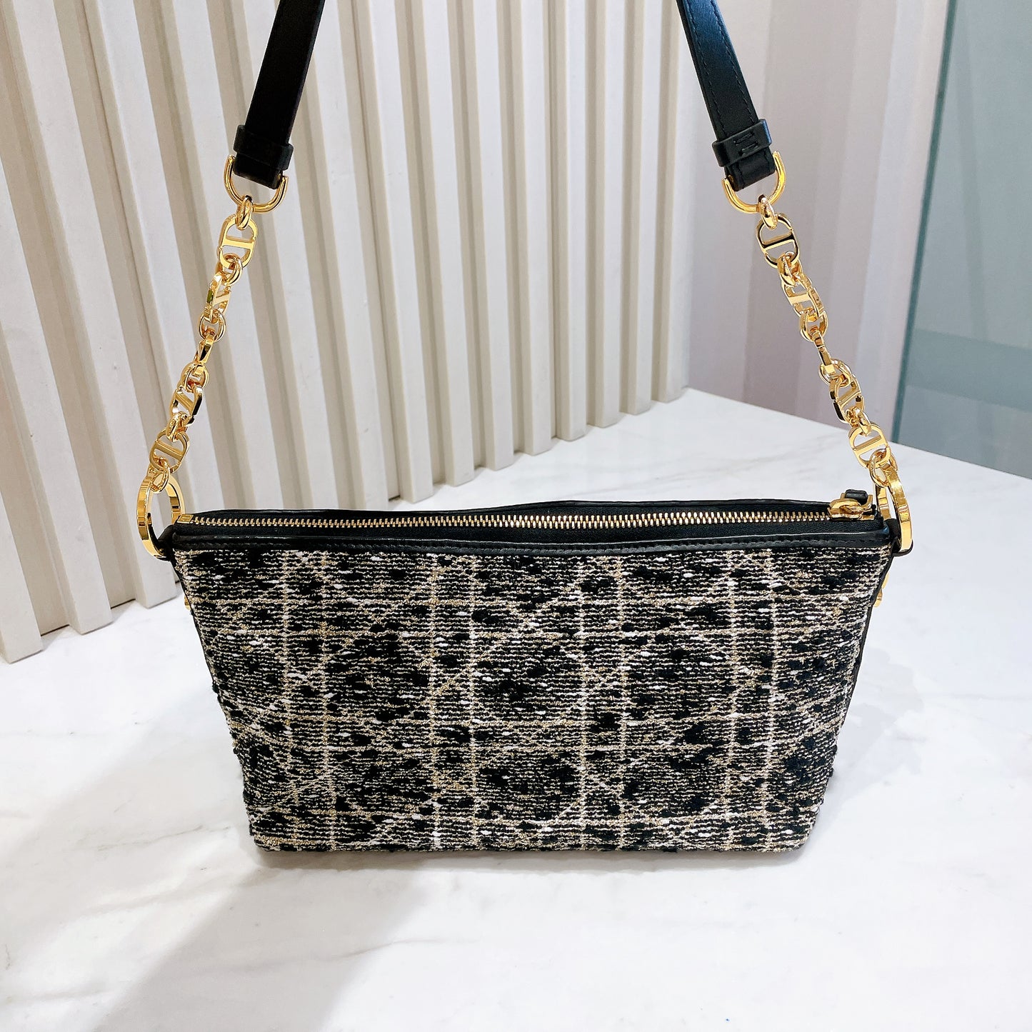Dior Diorstar Hobo Bag In Black Tweed Cannage Motif