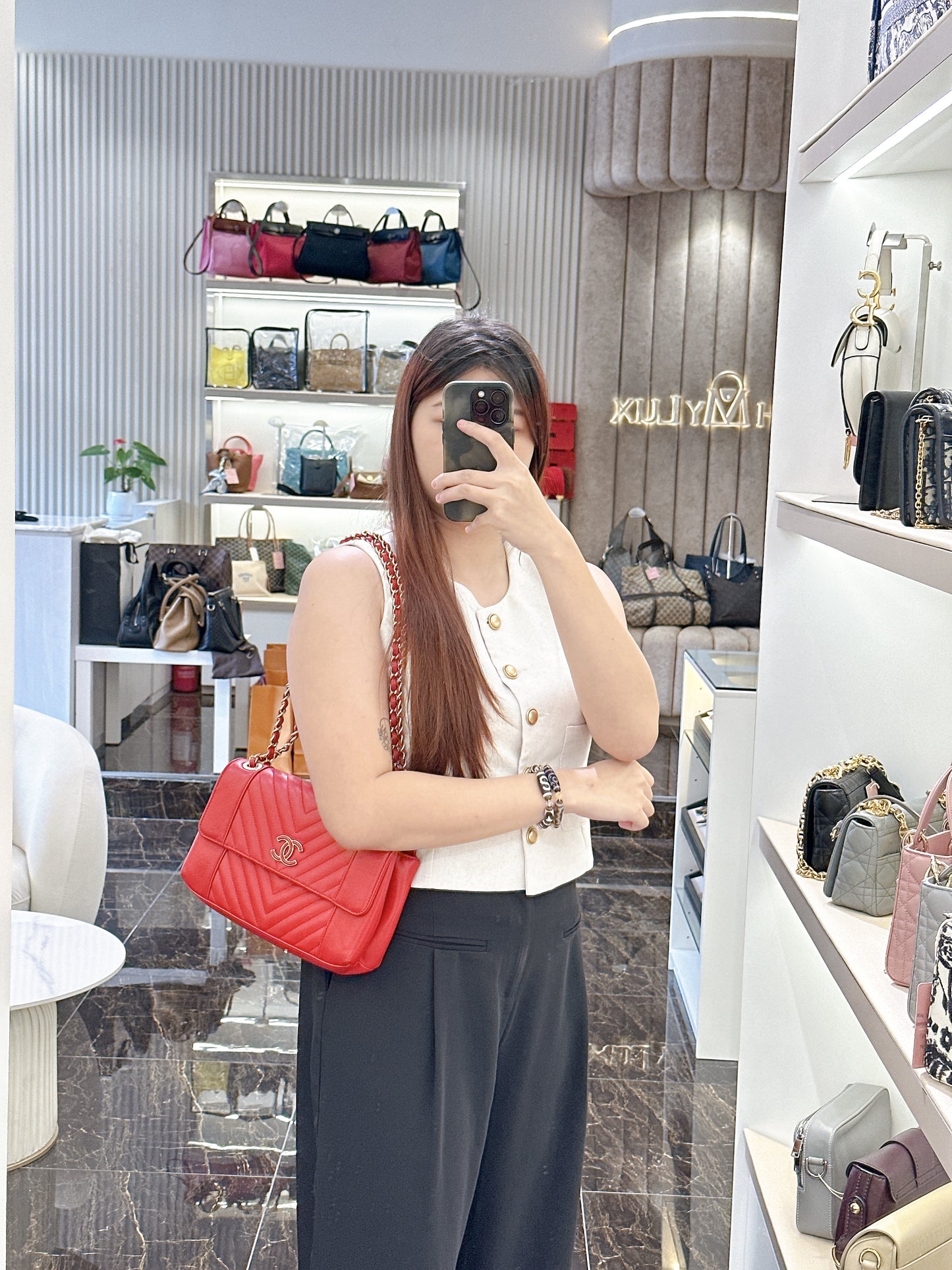 Chanel Red Chevron Leather Flap Handbag