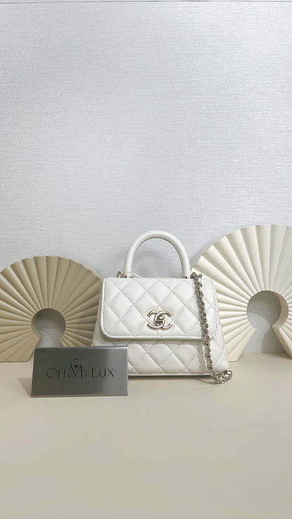 Chanel White Caviar Quilted Nano Coco Handle Bag