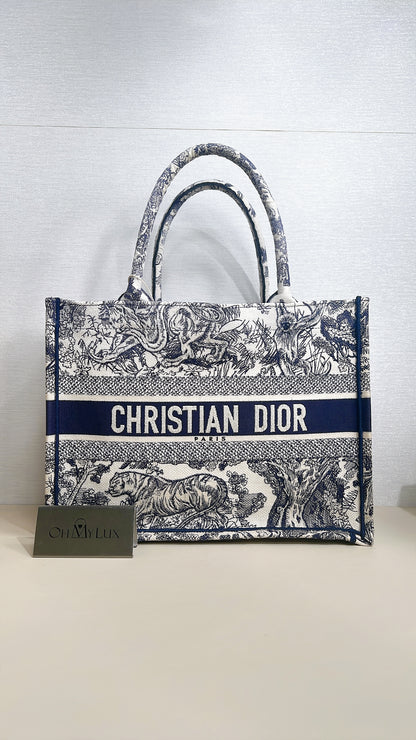 Dior Medium Book Tote in Ecru and Blue Toile De Jouy Embroidery