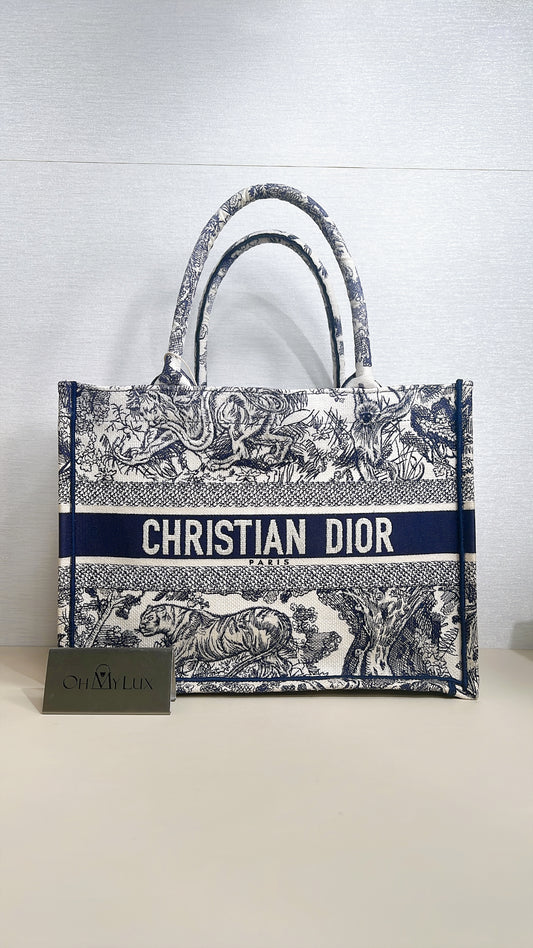 Dior Medium Book Tote in Ecru and Blue Toile De Jouy Embroidery
