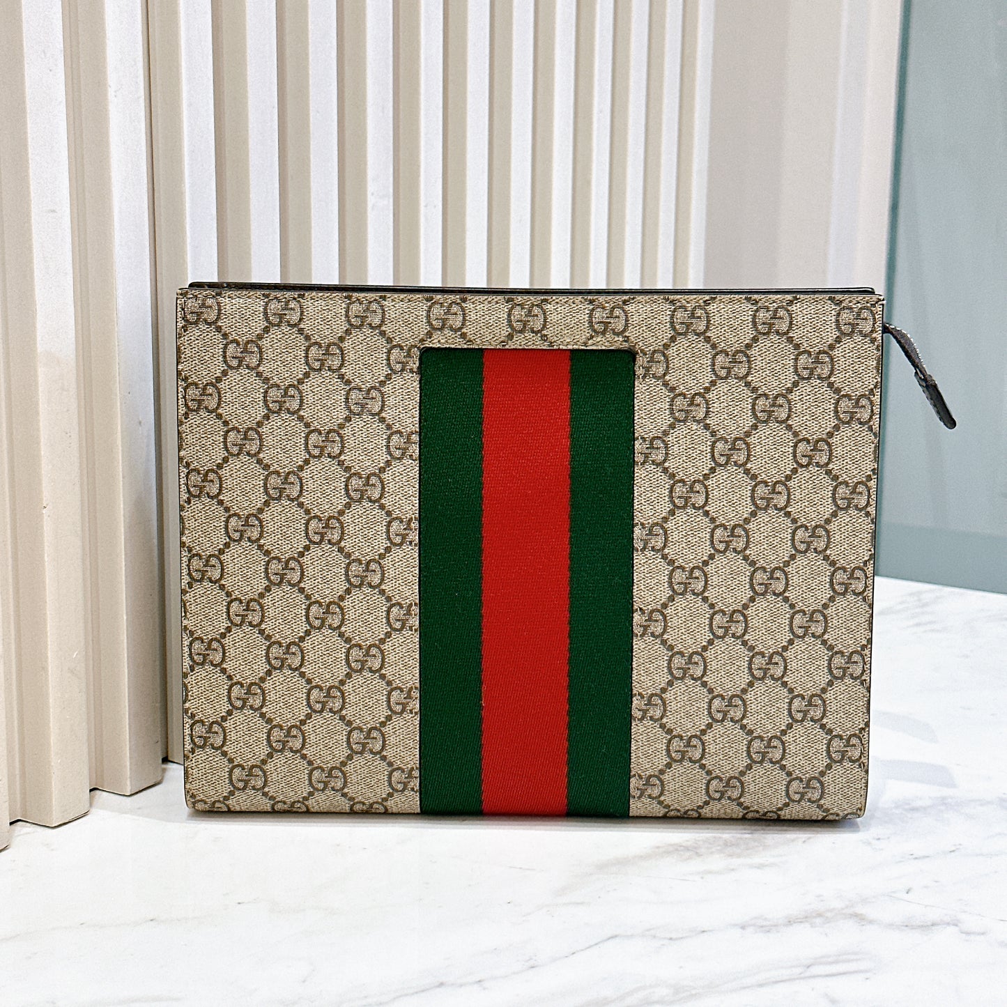 Gucci GG Supreme Web Pouch Beige/Ebony