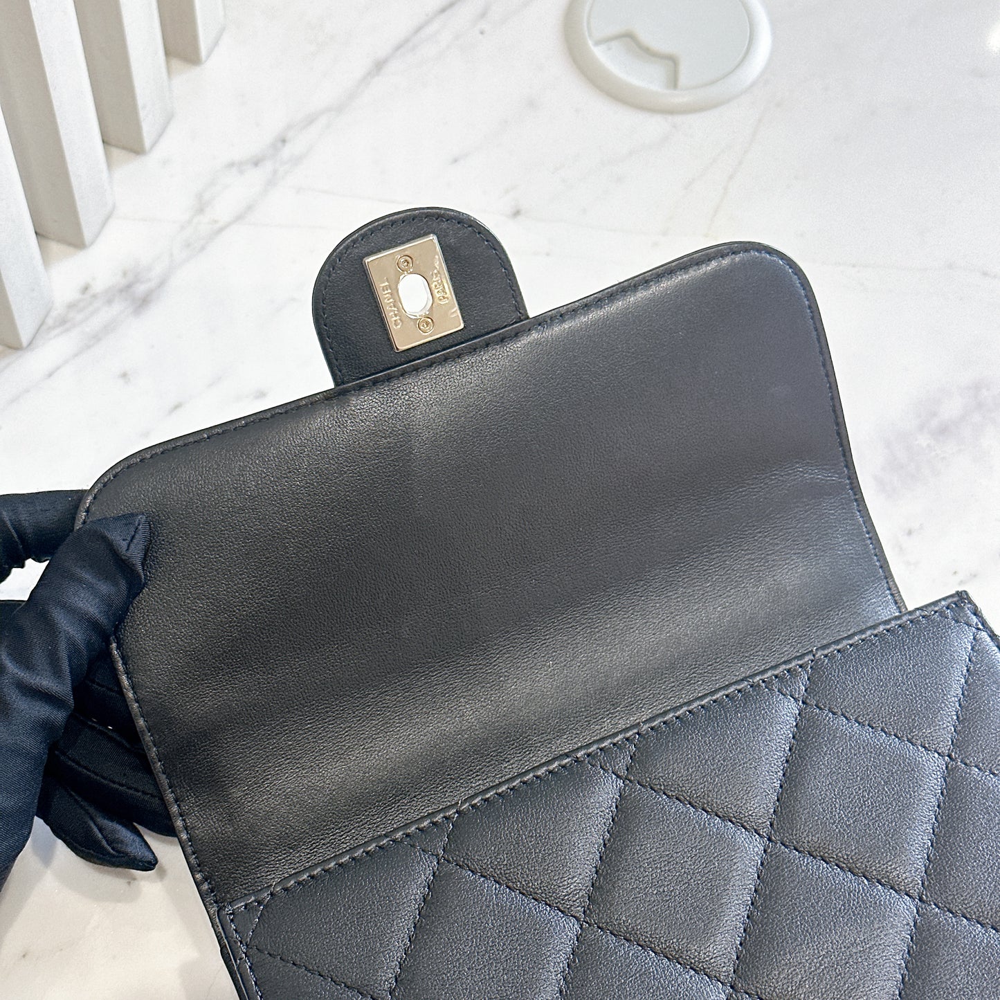 Chanel 21B Top Handle Quilted Black Flap Bag