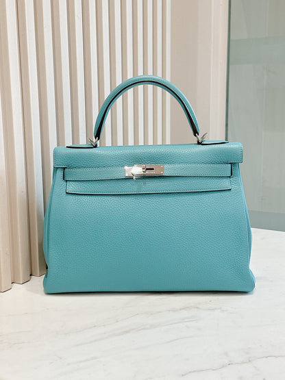 Hermes Kelly 32 Blue Atoll Clemence Leather SHW