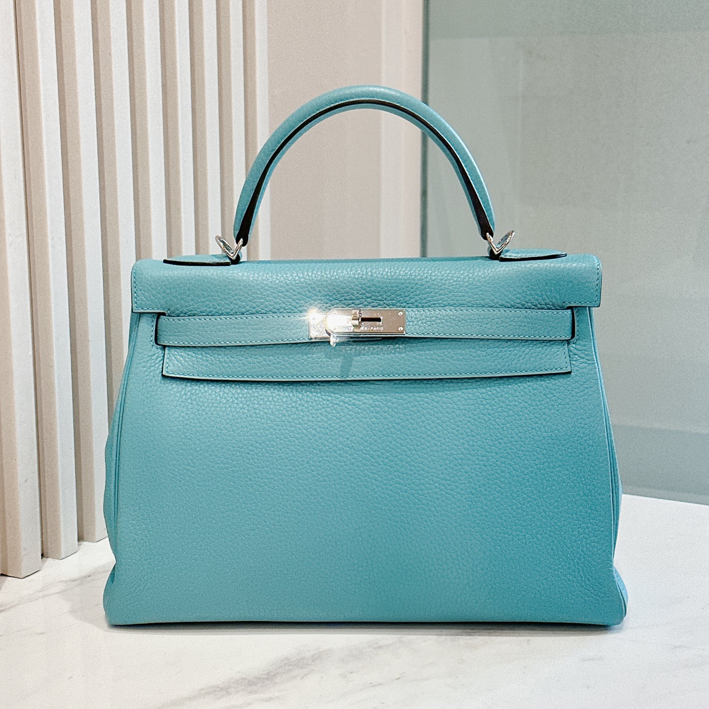 Hermes Kelly 32 Blue Atoll Clemence Leather SHW