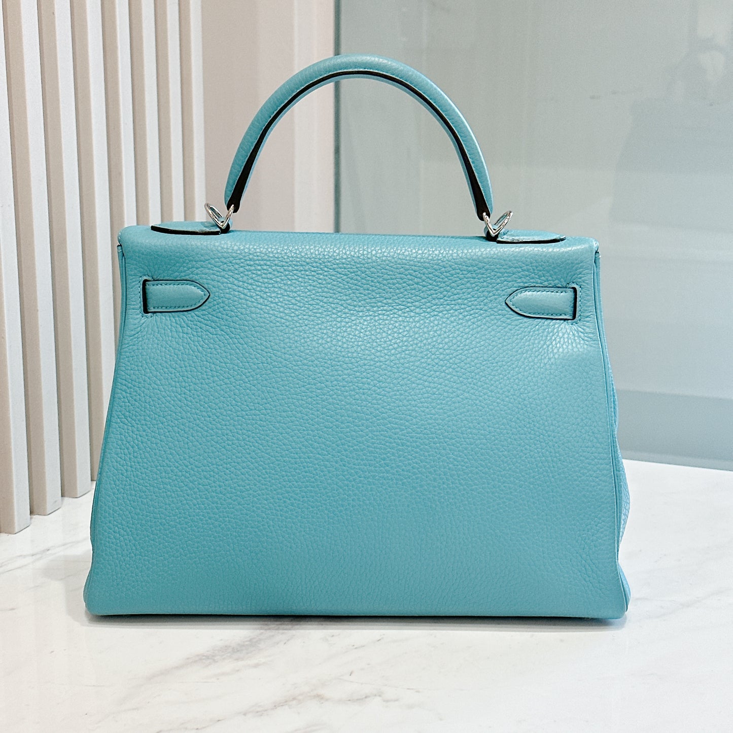 Hermes Kelly 32 Blue Atoll Clemence Leather SHW