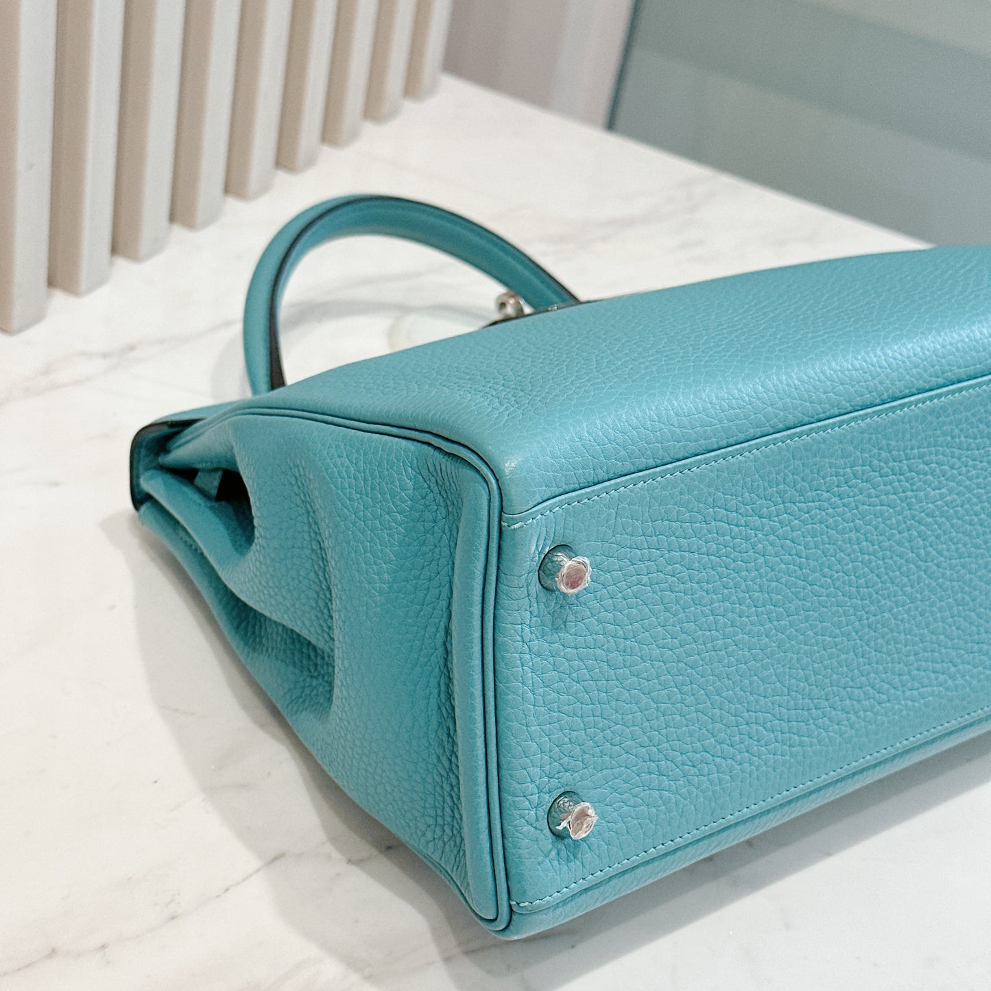 Hermes Kelly 32 Blue Atoll Clemence Leather SHW