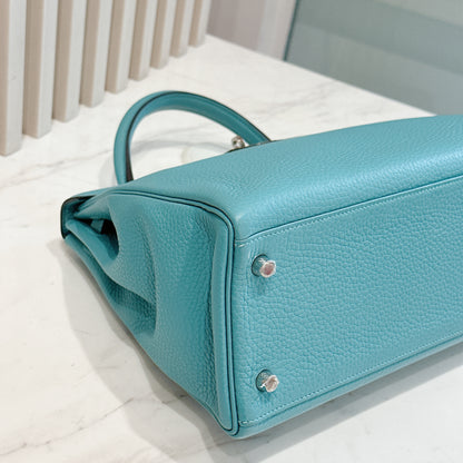 Hermes Kelly 32 Blue Atoll Clemence Leather SHW