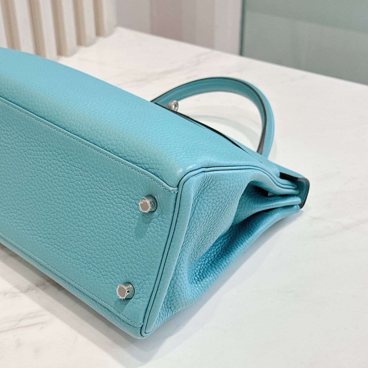 Hermes Kelly 32 Blue Atoll Clemence Leather SHW