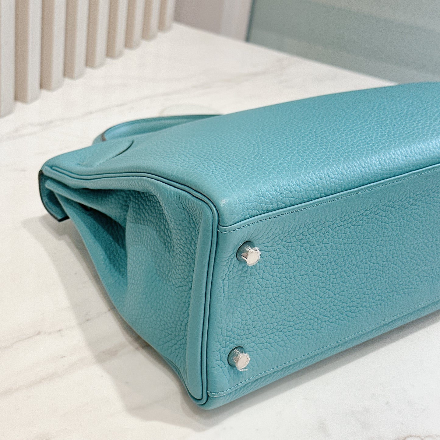 Hermes Kelly 32 Blue Atoll Clemence Leather SHW