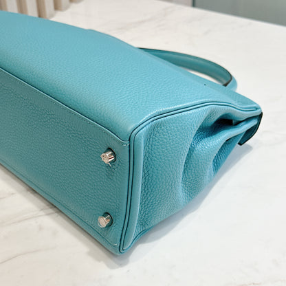 Hermes Kelly 32 Blue Atoll Clemence Leather SHW