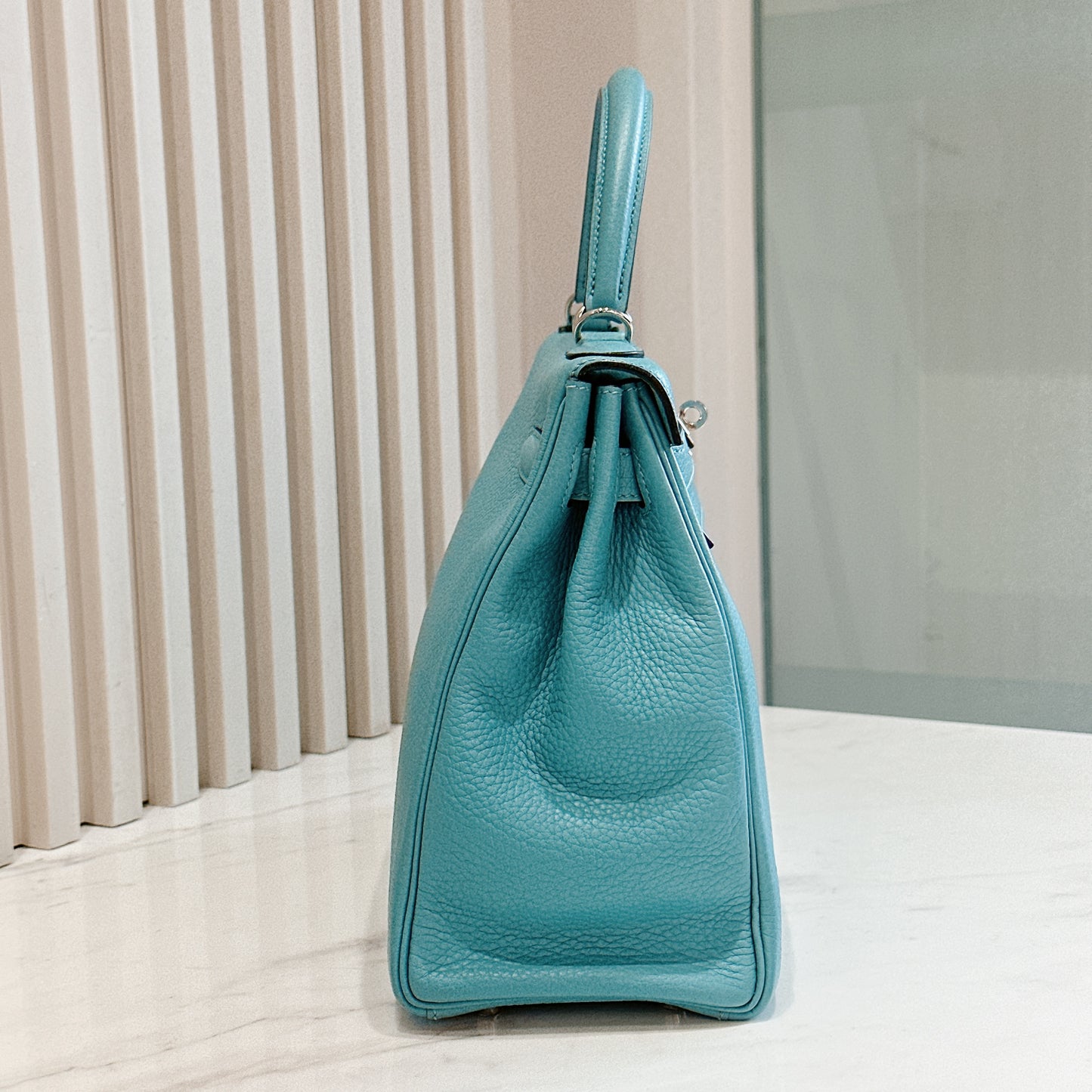 Hermes Kelly 32 Blue Atoll Clemence Leather SHW