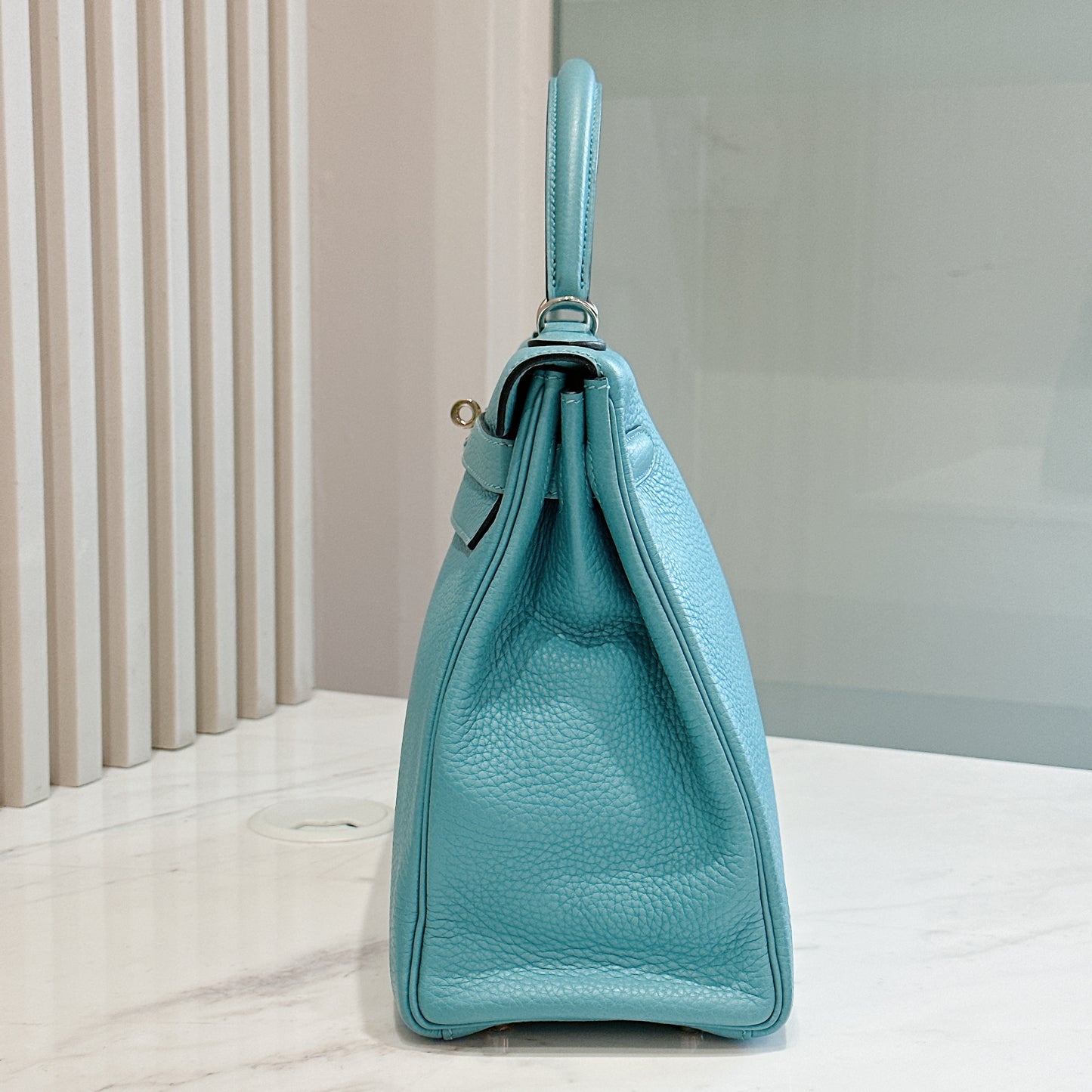 Hermes Kelly 32 Blue Atoll Clemence Leather SHW