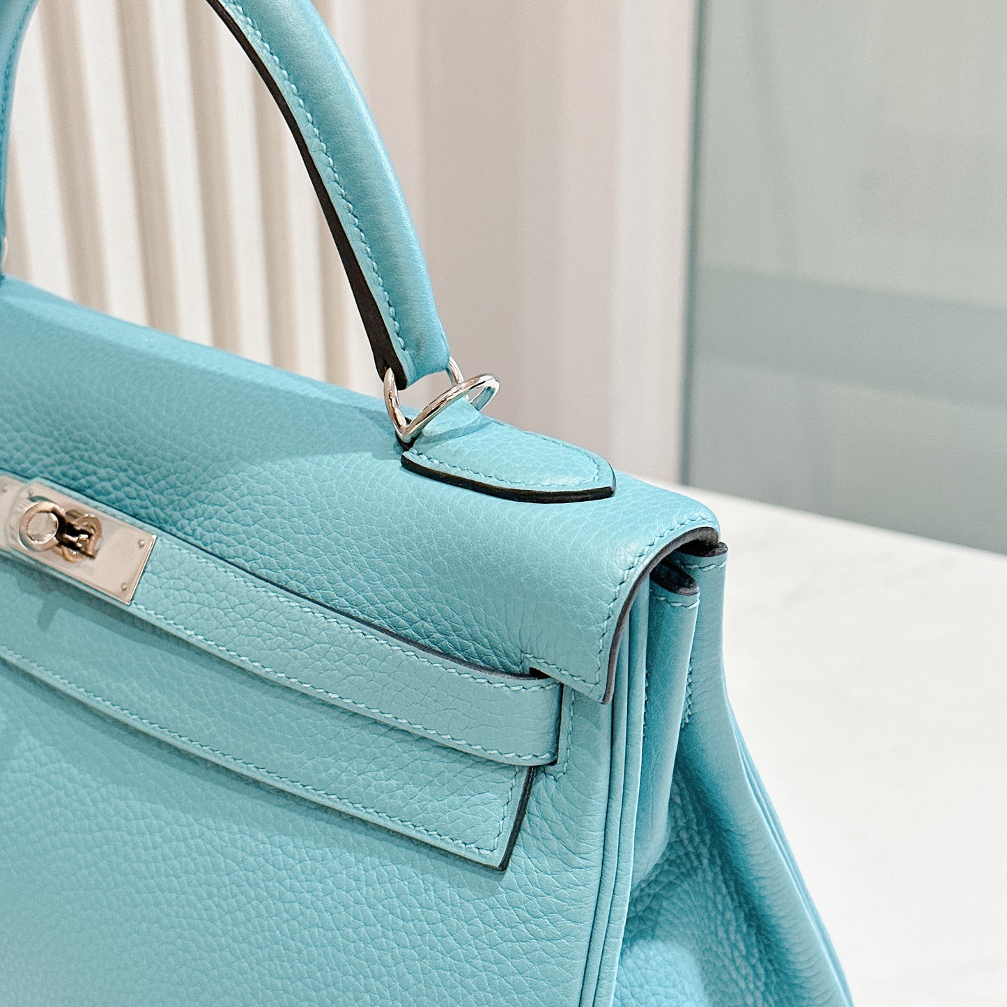 Hermes Kelly 32 Blue Atoll Clemence Leather SHW