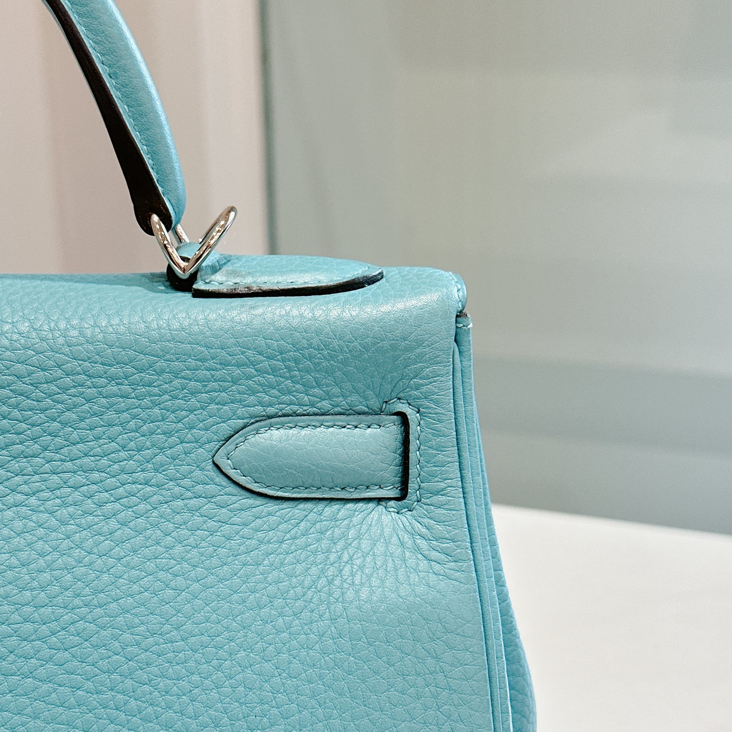 Hermes Kelly 32 Blue Atoll Clemence Leather SHW