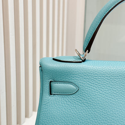 Hermes Kelly 32 Blue Atoll Clemence Leather SHW