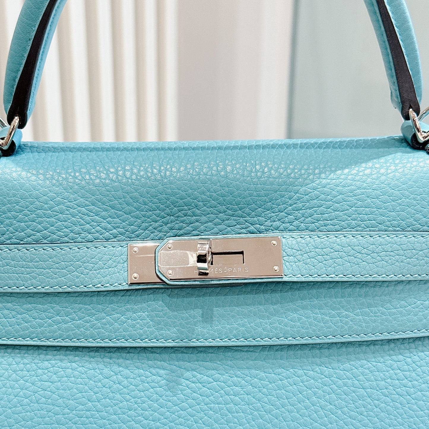 Hermes Kelly 32 Blue Atoll Clemence Leather SHW