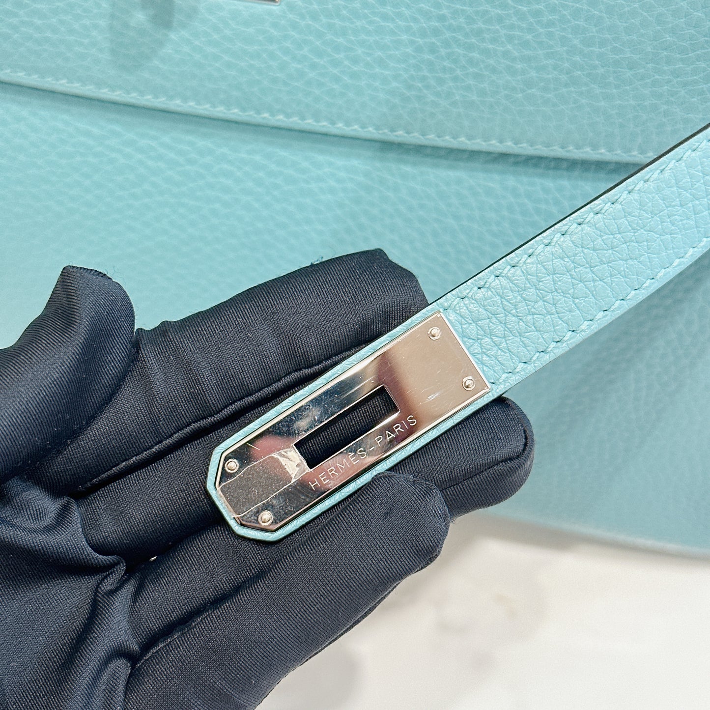Hermes Kelly 32 Blue Atoll Clemence Leather SHW