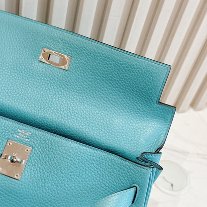 Hermes Kelly 32 Blue Atoll Clemence Leather SHW