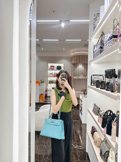 Hermes Kelly 32 Blue Atoll Clemence Leather SHW