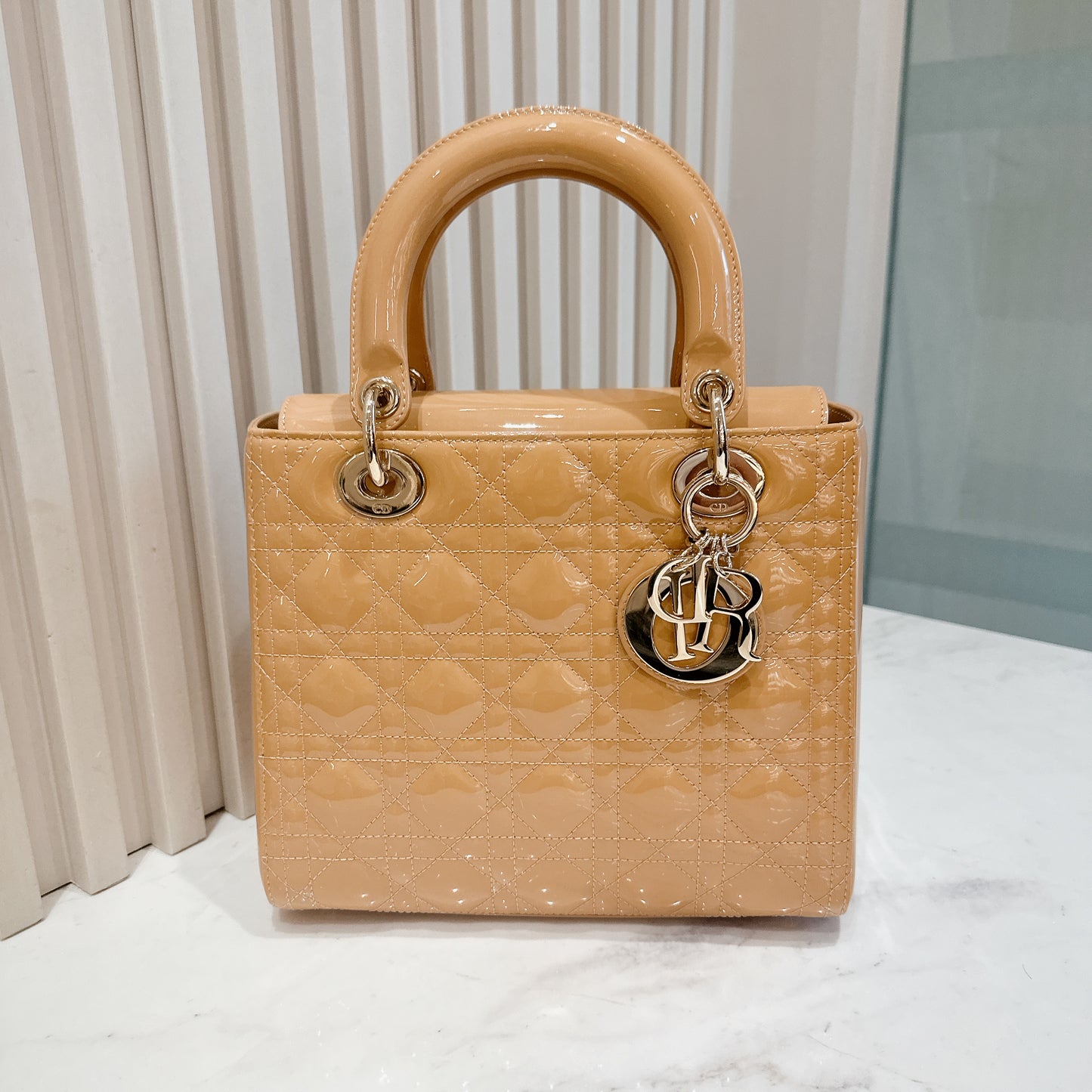 Lady Dior Medium in Beige Patent GHW