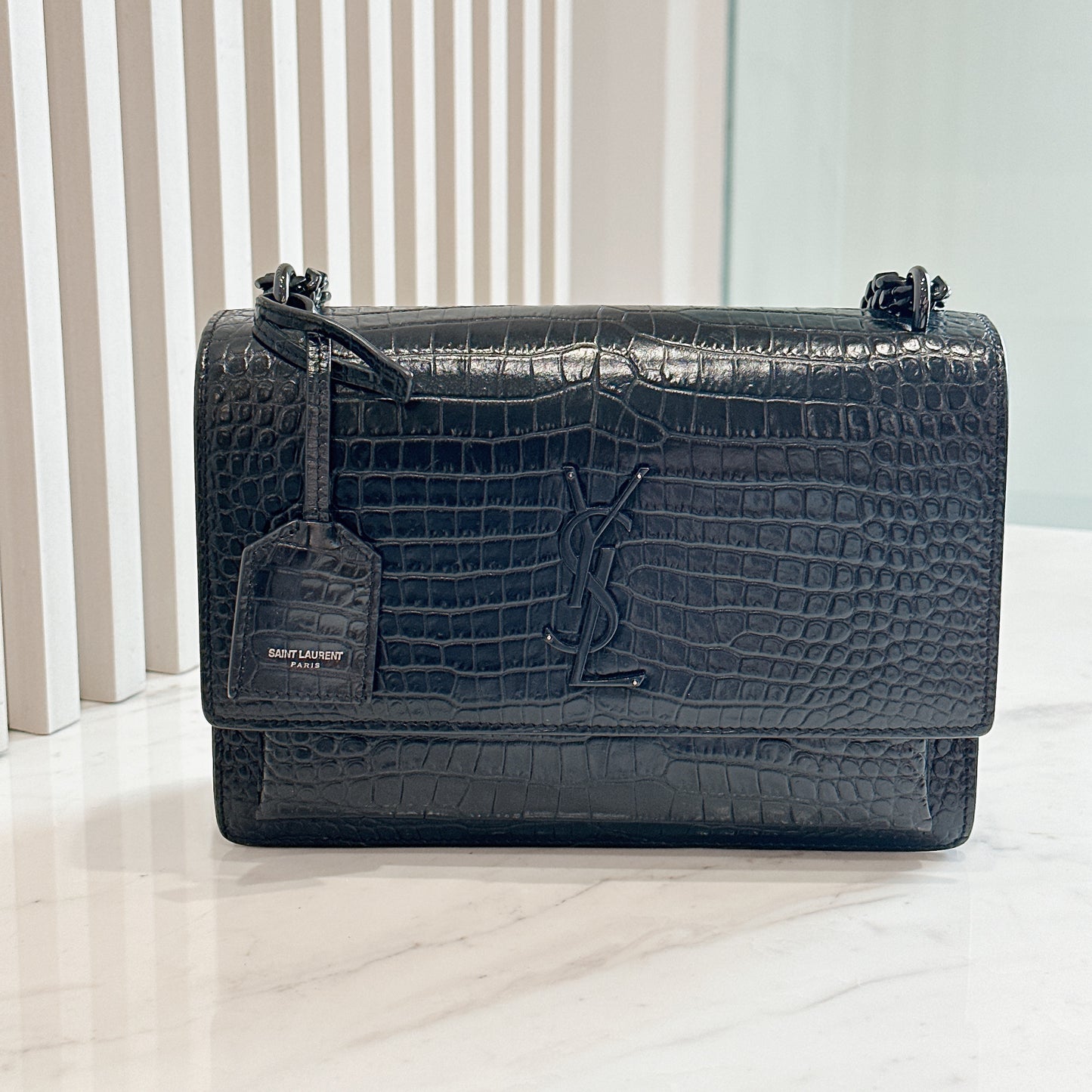 YSL Sunset Medium in Black Croc Embrossed