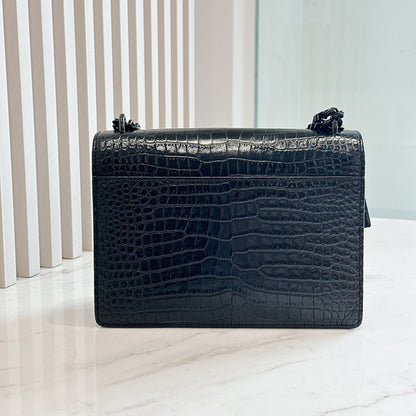 YSL Sunset Medium in Black Croc Embrossed