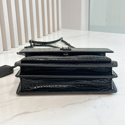 YSL Sunset Medium in Black Croc Embrossed