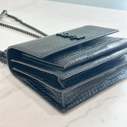 YSL Sunset Medium in Black Croc Embrossed