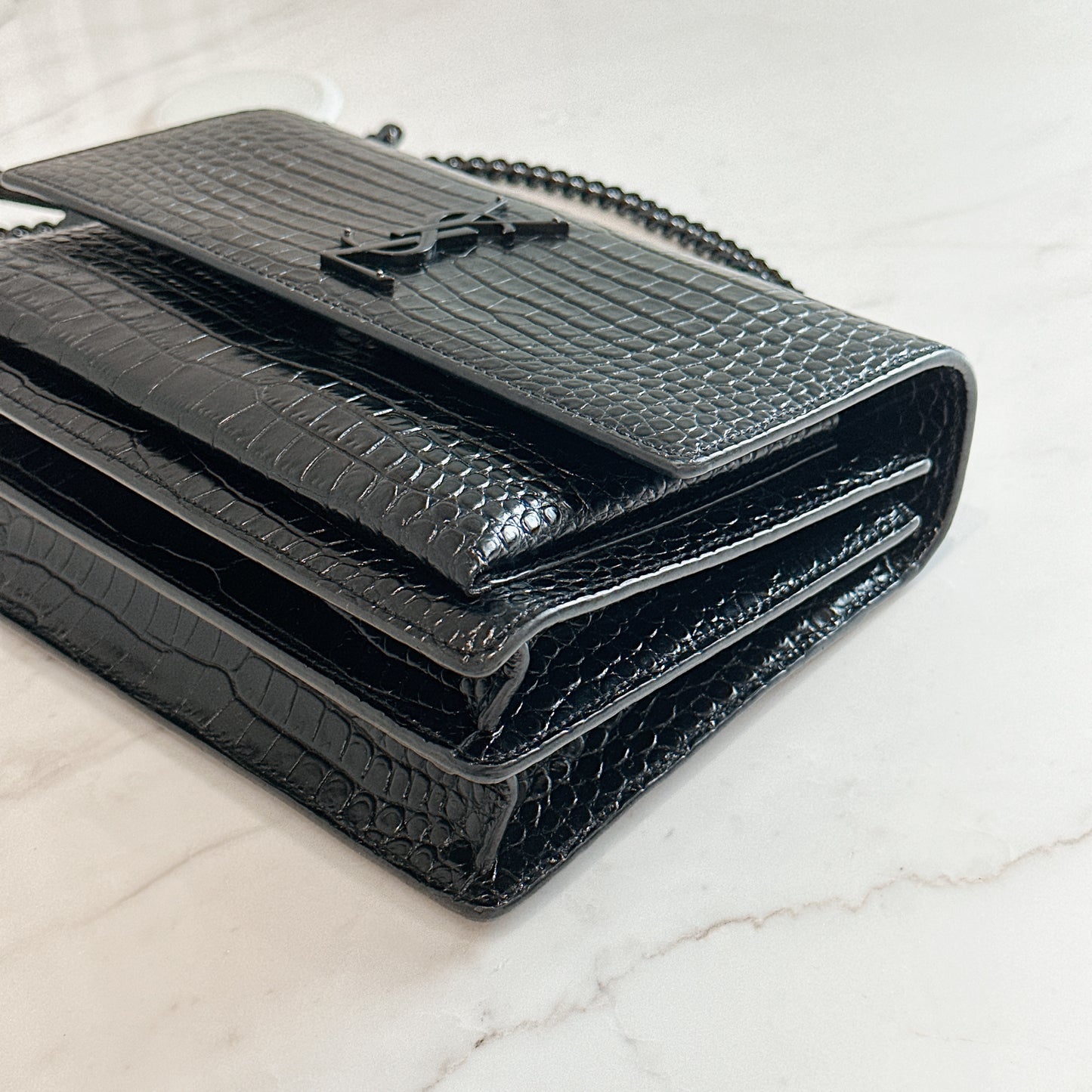 YSL Sunset Medium in Black Croc Embrossed