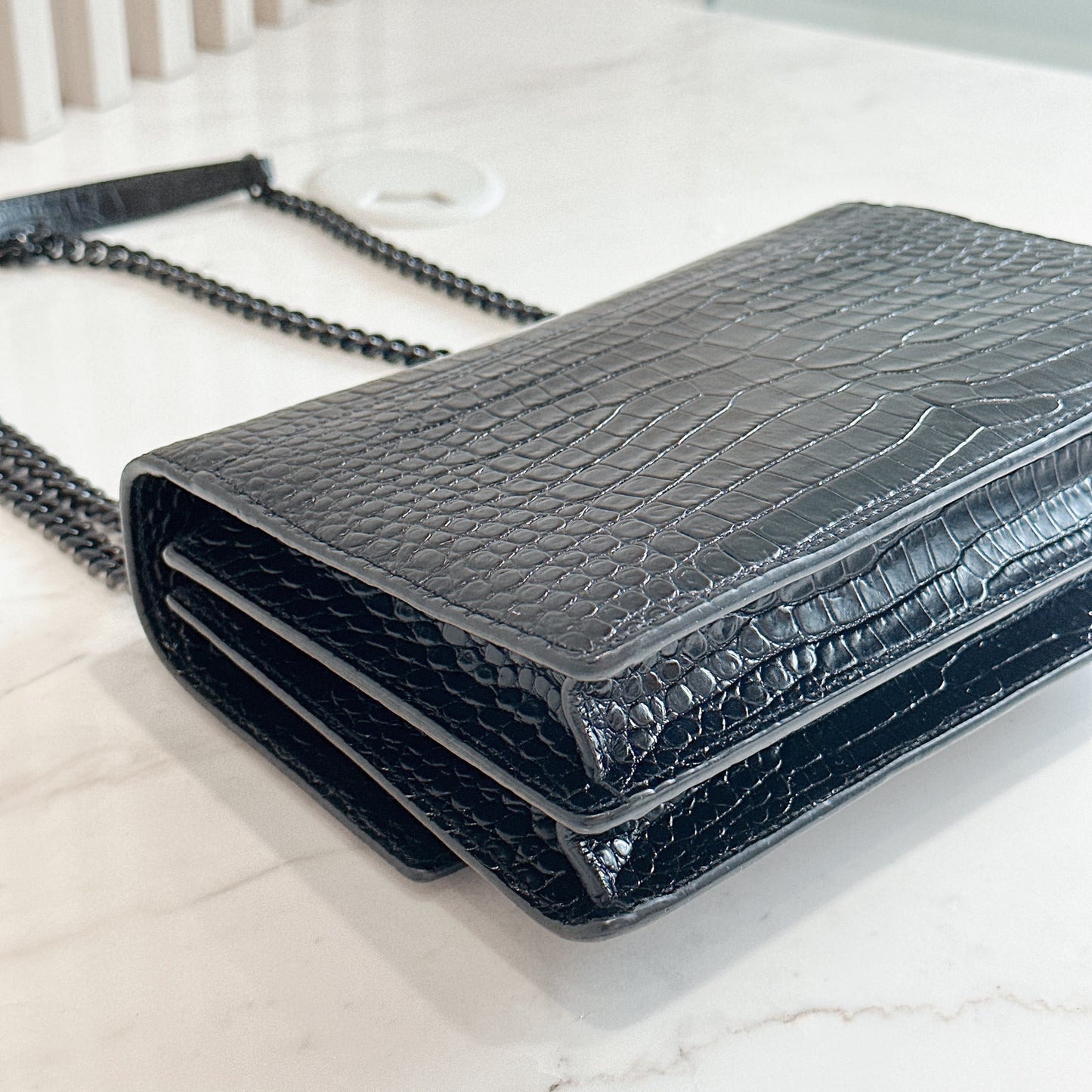 YSL Sunset Medium in Black Croc Embrossed