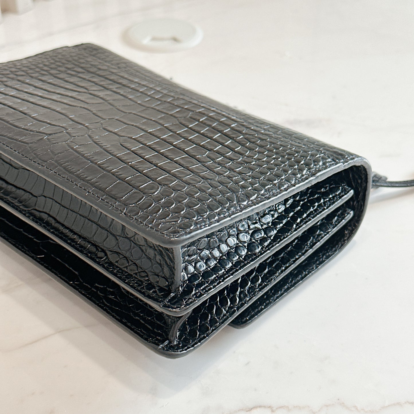 YSL Sunset Medium in Black Croc Embrossed