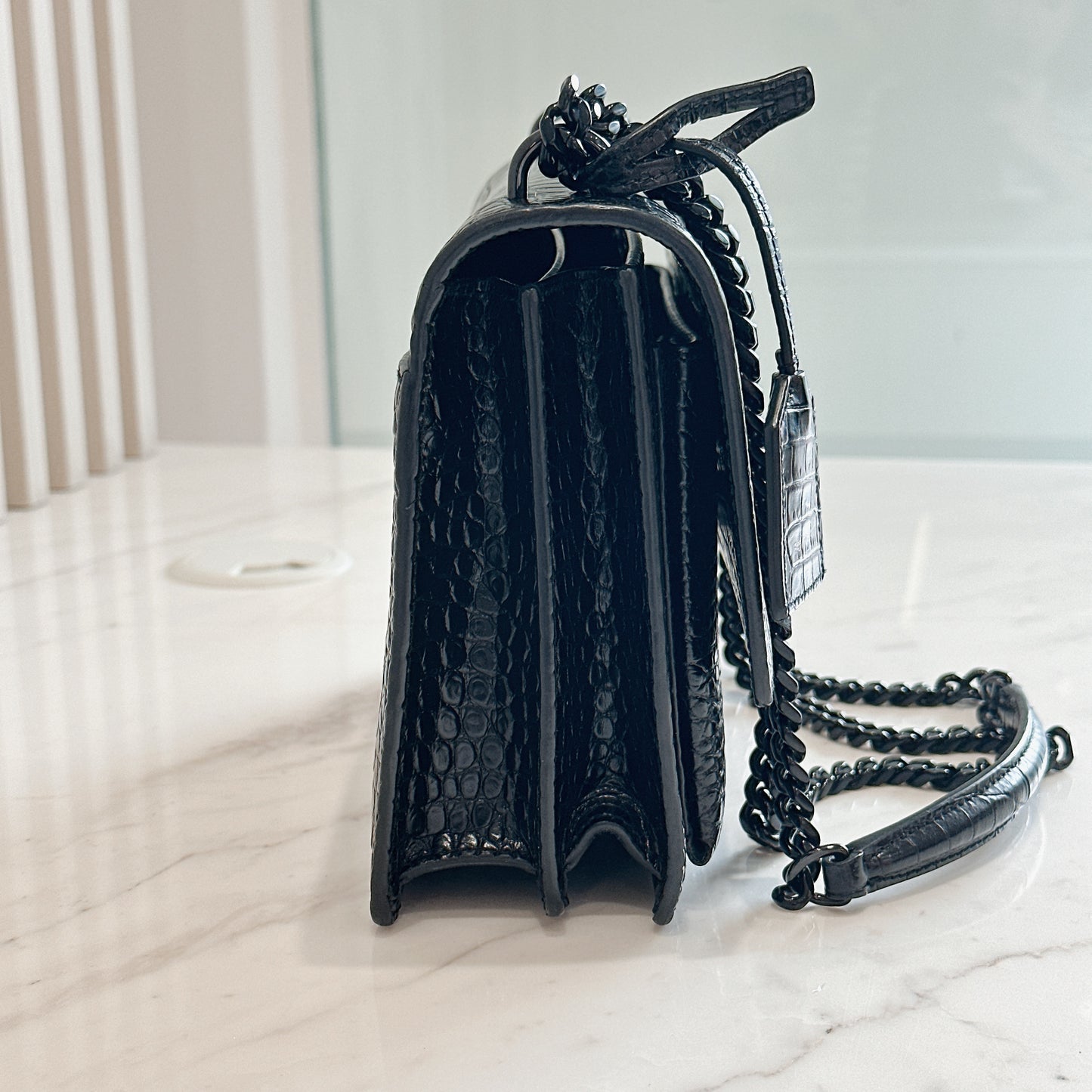 YSL Sunset Medium in Black Croc Embrossed