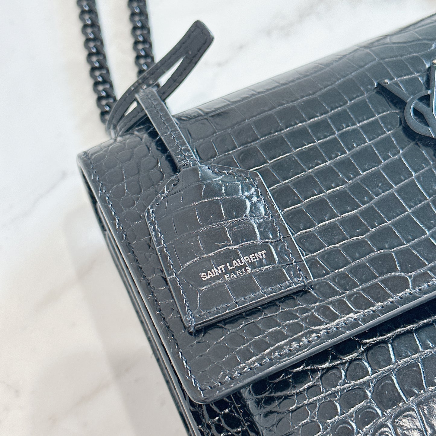 YSL Sunset Medium in Black Croc Embrossed