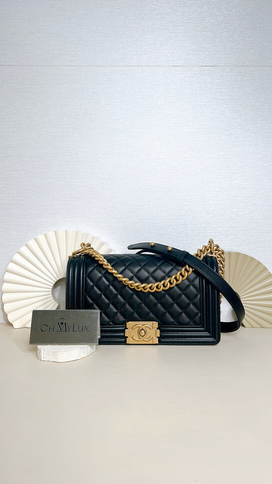 Chanel Boy Old Medium Black Caviar in GHW