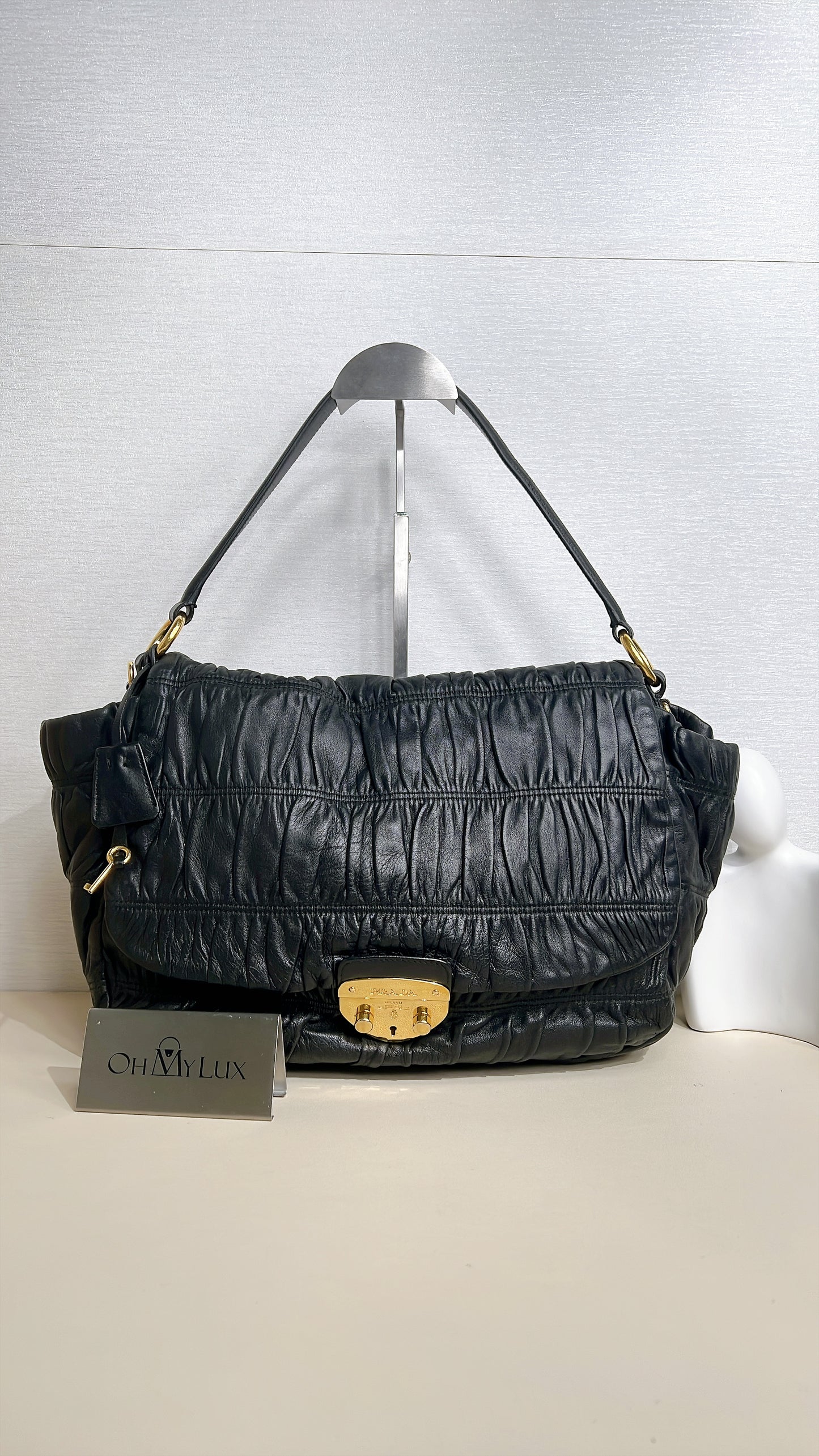 Prada Gaufre Ruched Flap Bag in Black Nappa Leather